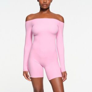 SKIMS PICOT TRIM OFF THE SHOULDER ONESIE (BUBBLEGUM)